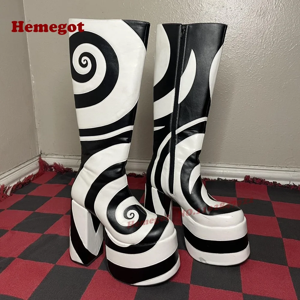 

Dizzy, черно-белые ботинки Лолиты на платформе, женские сапоги до колена на платформе с круглым носком и массивным каблуком, двухцветная боковая молния, готическая