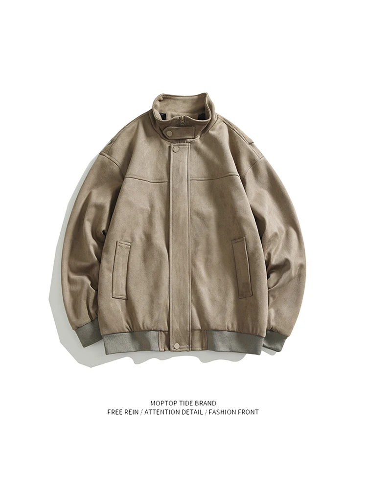 

Mr. WH American Sle Pure Color Suede Loose Fit Stand Collar Jaet ex Retro Trendy Outerwear Polyester Long Sve Coat