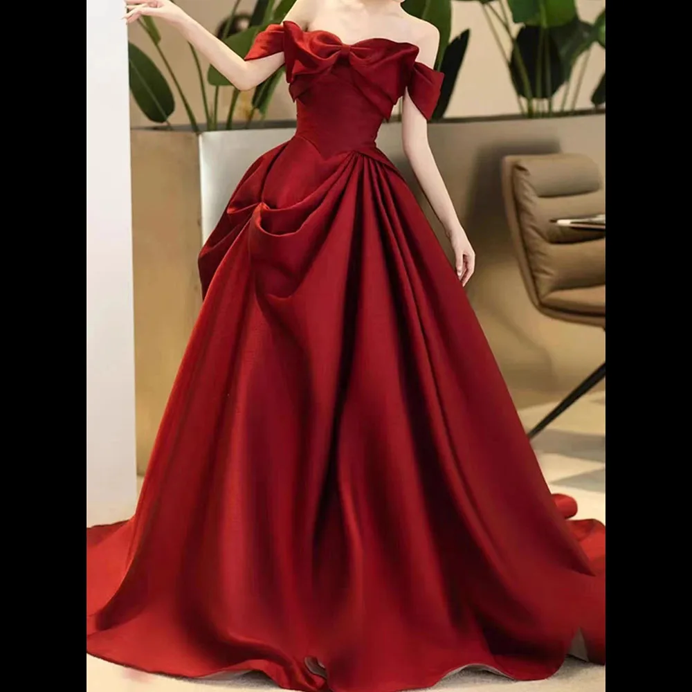

Customized Mermaid Evening Dresses Floor-length Off The Shoulder Sleeveless Prom Gown Fashion Pleat Bow Simple Draped Party Gown
