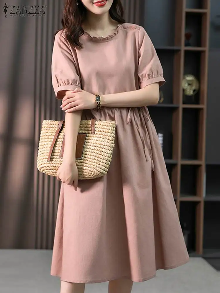 

ZANZEA Elegant Ruffled Stitching Midi Robe Women Sweety Belted Dress Korean Casual Solid Sundress Vintage Short Sleeve Vestidos