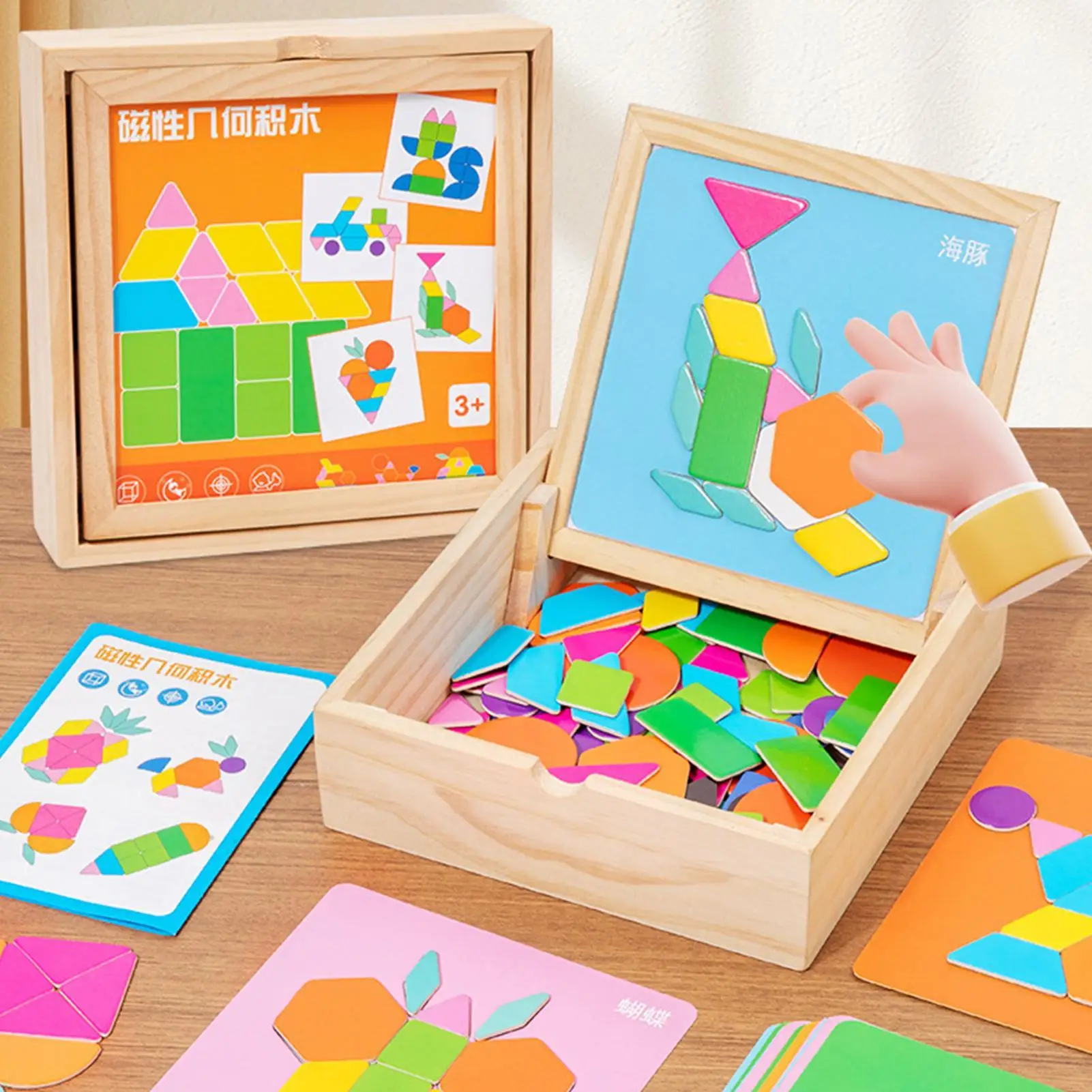 Magnetyczny Tangram Drewniany Puzzle Edukacyjny STEM Zabawka Geometryczna dla Maluchów Przedszkolaków Dzieci Chłopców Dziewcząt Uczniów