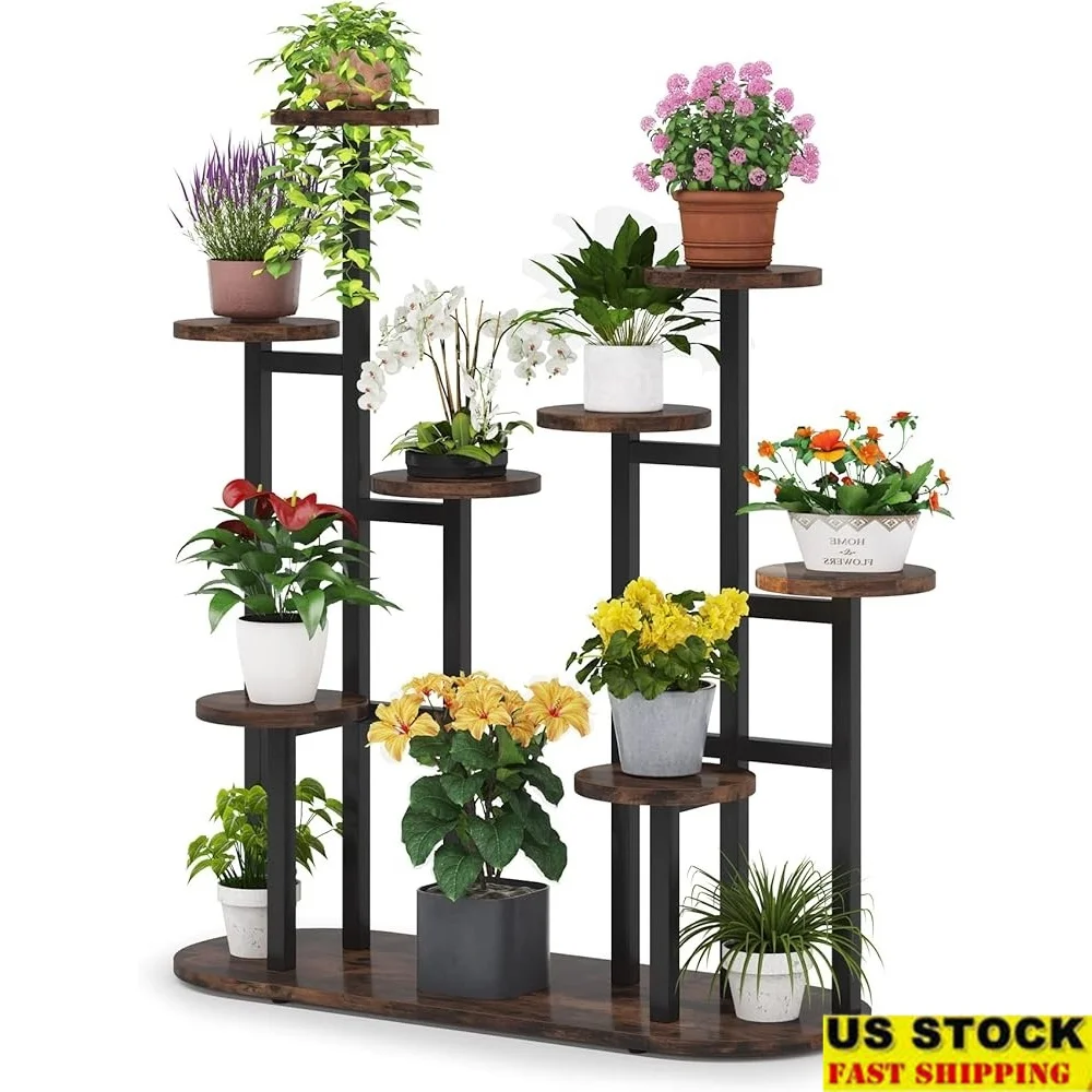 

Multi-Tiered Plant Stand 11 Pot Indoor Flower Rack Sturdy Metal Frame Garden Shelf Rustic Wooden Decor Suitable Balcony Living