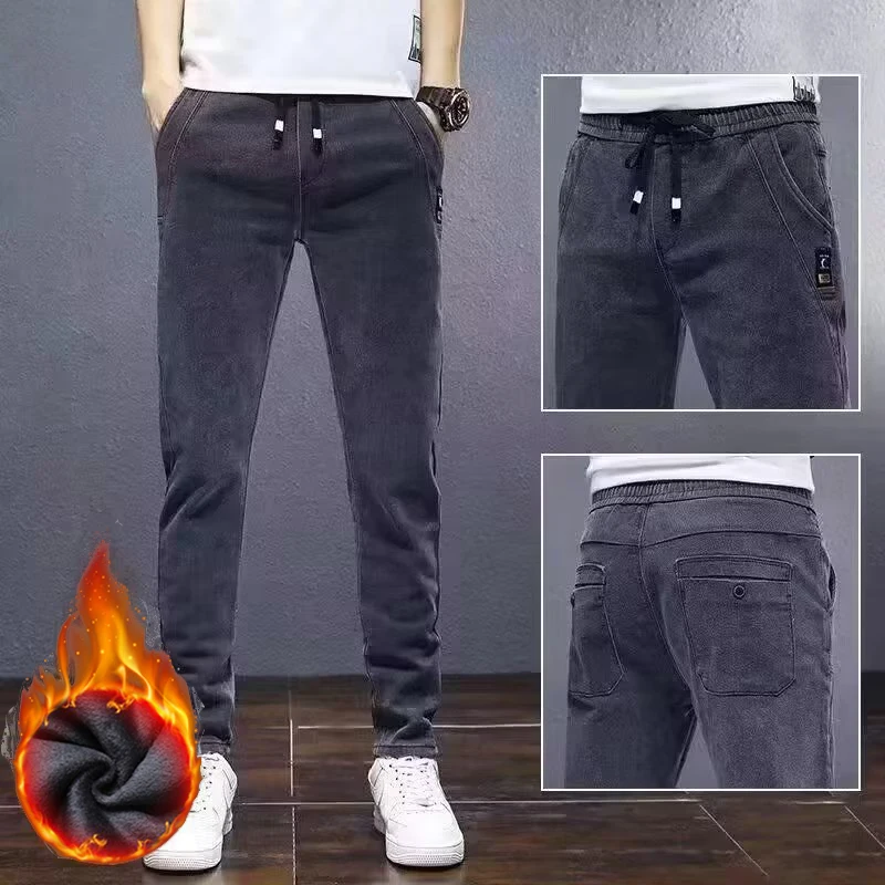 

Мужские зимние теплые плюшевые джинсы, мужские утолщенные джинсовые брюки на флисовой подкладке, свободные прямые облегающие эластичные брюки
