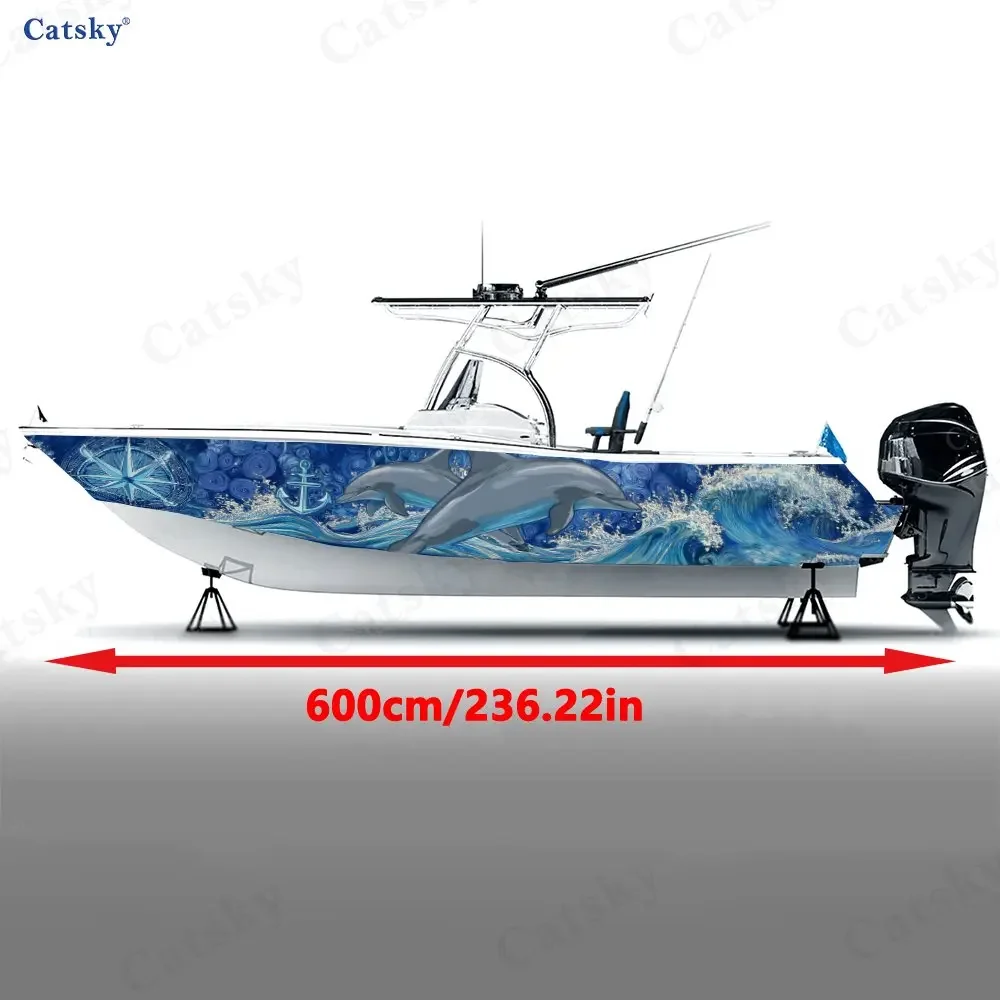 Marine Style Dolphin & Helm Boat Sticker, PVC Waterproof Durable Vinyl Wrap Decals for Fishing Boats, Durable and Stylish Design