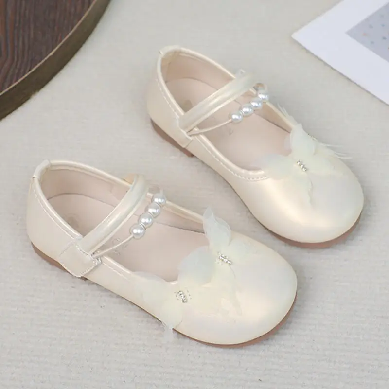 

Elegant Pearl Chain Velcro Strap Ballet Shoes Girl 2025 Autumn Round Toe Flat Heel Mary Jane Shoes Mesh Butterfly Princess Shoes