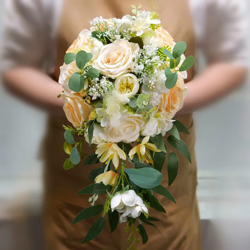 Champagne Wedding Bouquets for Bride White Artificial Roses Flower Cascading Bridal Bouquet for Rustic Boho Fall Vintage Wedding