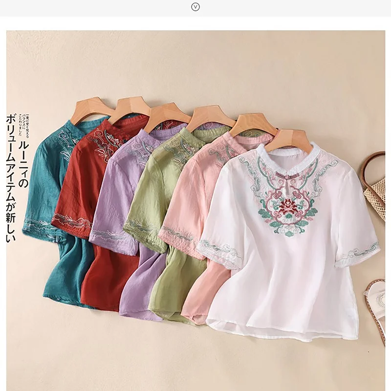 Summer New Chinese Style Pullovers Crew Neck Pan Button Embroidery Spliced Short Sleeve Elegant Loose Commuter T-shirt Tops