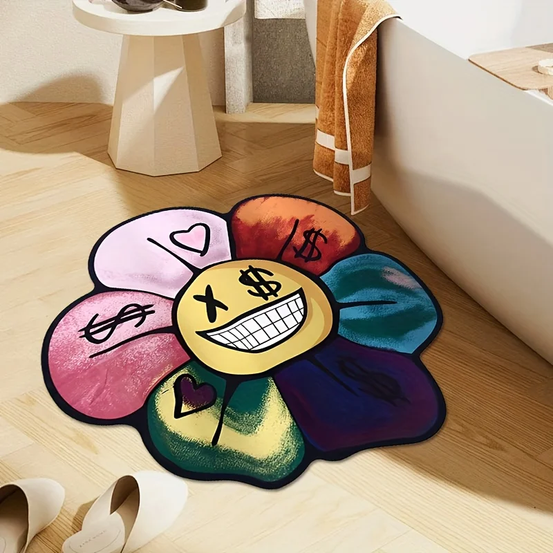 VIKAMA Sunflower Round Carpet Dopamine Irregular Floor Mat Anti Slip Dirt Resistant Easy To Maintain Living Room Home Decor Soft