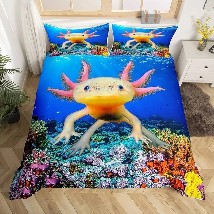 

Cartoon Axolotl Duvet Cover Kawaii Axolotl Bedding Set Ocean Animal Comforter Cover for Boys Girls Marine life Bedspread Cover