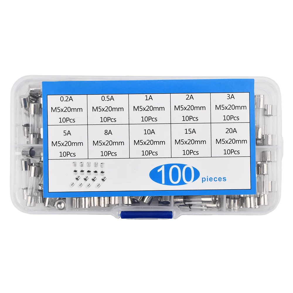 100 PCS Fast Blow Glass Fuse Box Kit 5x20 250V For Circuit Current Protection 5*20mm 0.2/0.5/1/2/3/5/8/10/15/20A