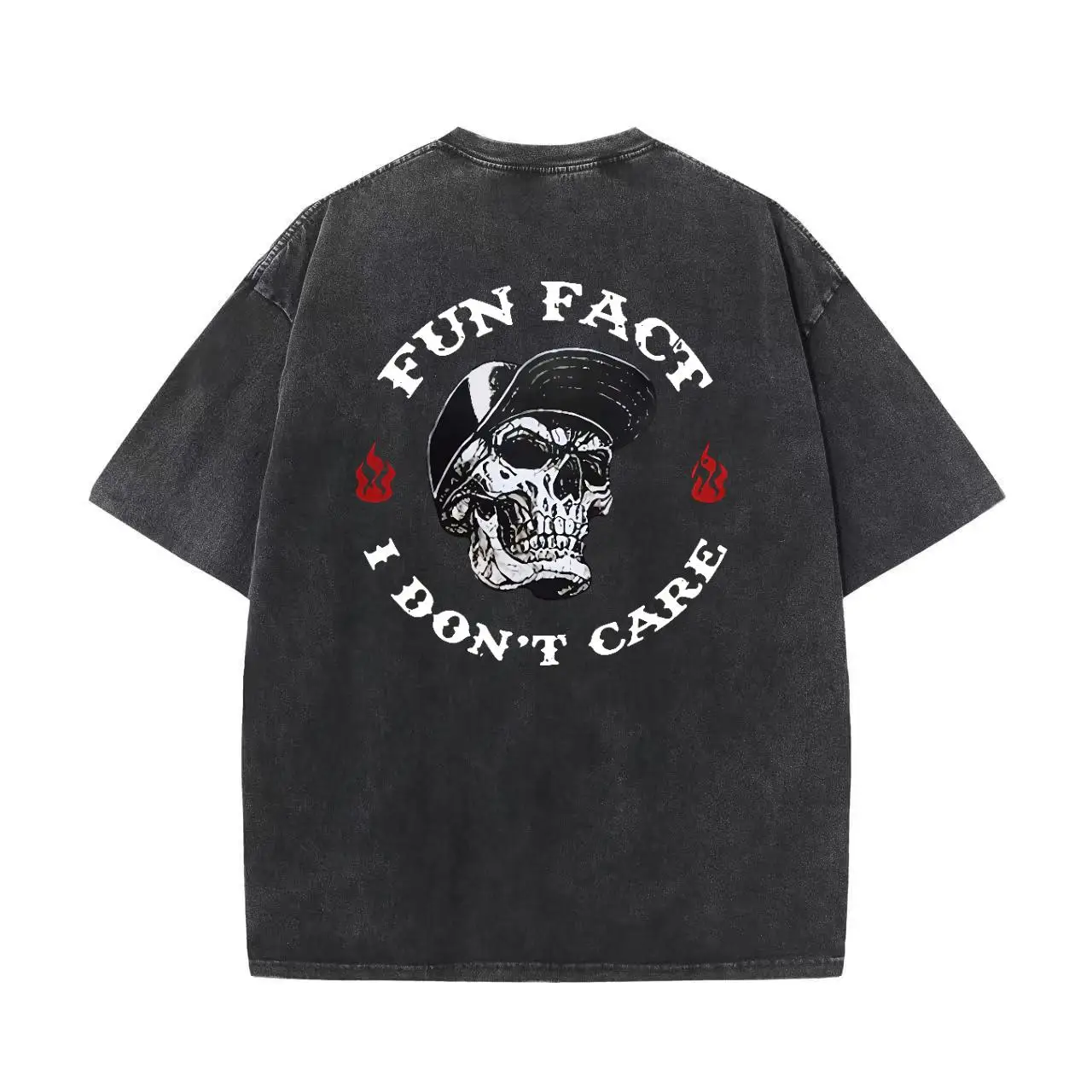 

Vintage Washed T - Shirt With Skull Graphic, Featuring "FUN FACT I DON'T CARE" Design, Short - Sleeved Tee