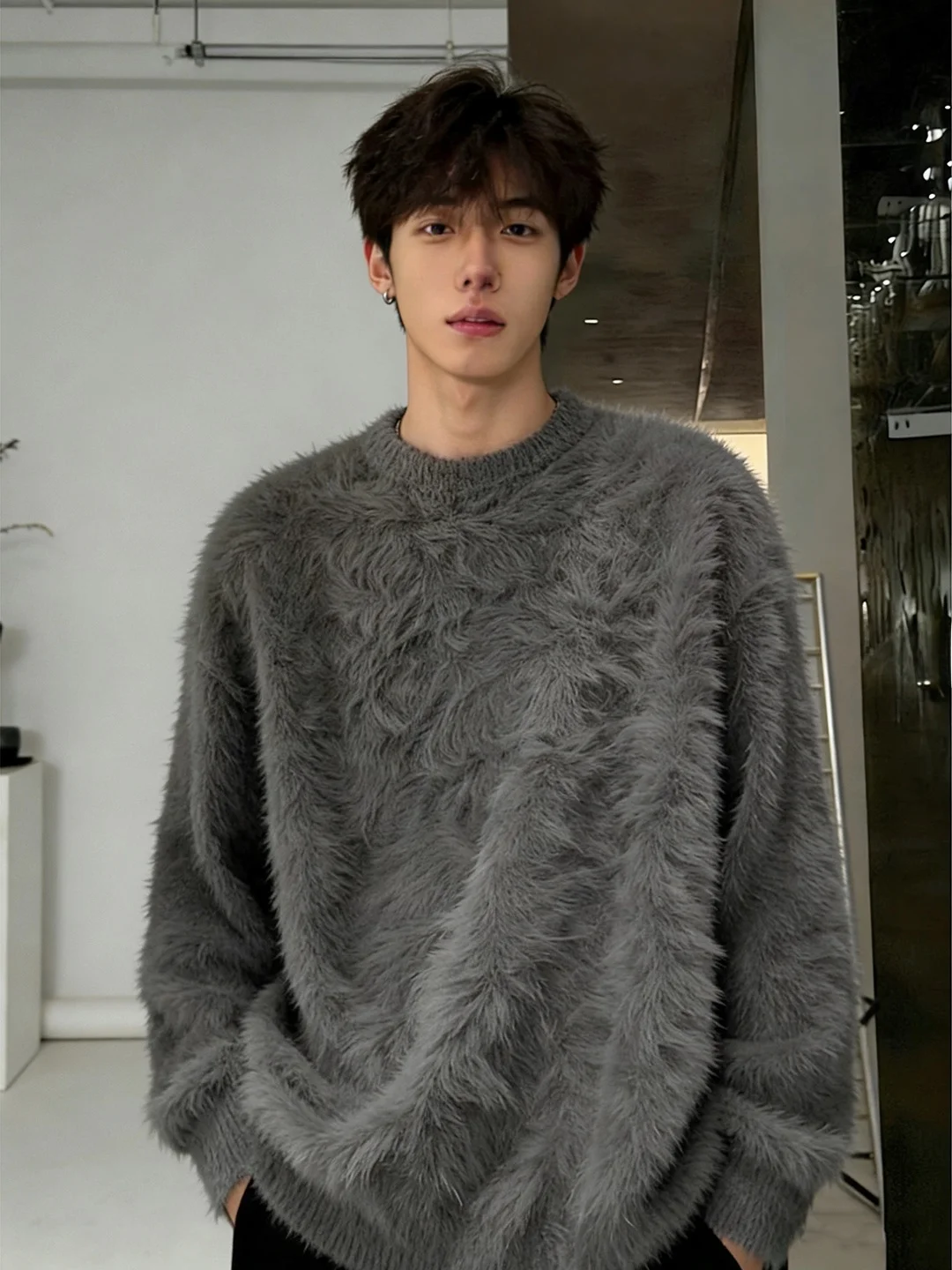 

Soft ey Fur Knitwear Men's Winter round Ne Loose Fit Warm Comfortable Long Sve Sweater Ci Walk Casual Sle