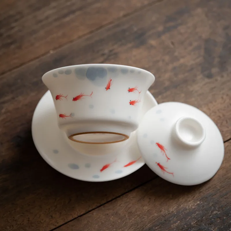 White Jade Porcelain Hand-Painted Hovering Three-Talent Covered Bowl Tea Cup Single Large Capacity Ceramic Tea Bowl High-End Thr