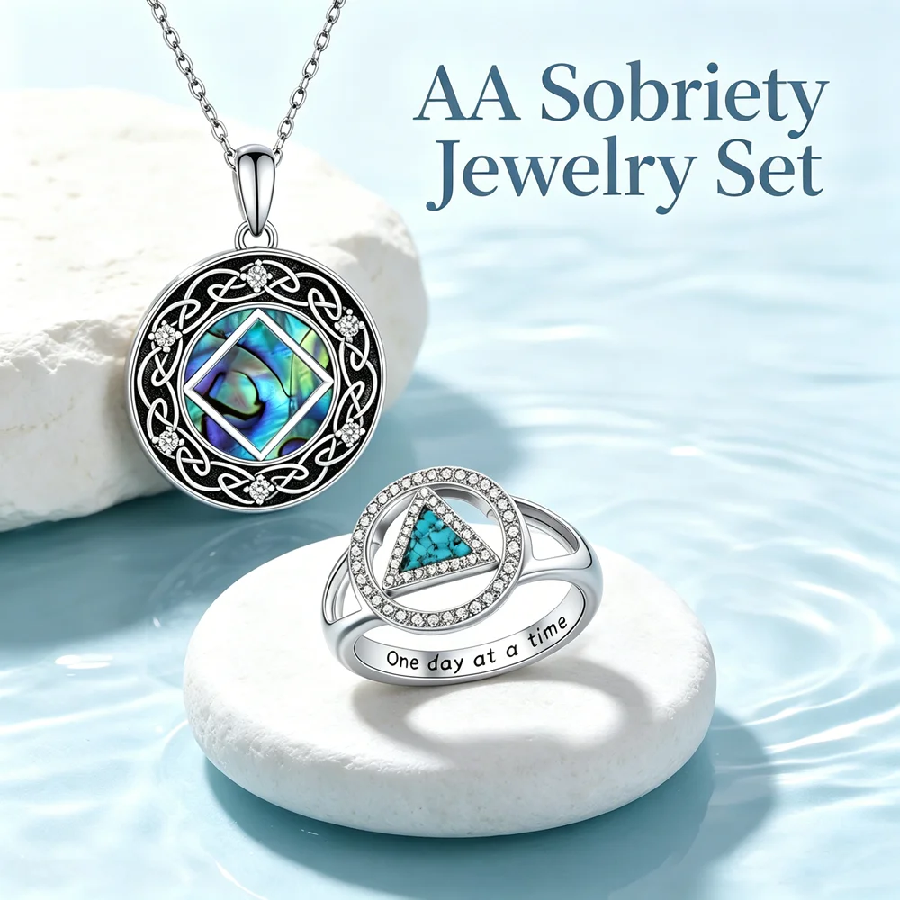 AA Sobriety Jewelry Set Abalone Shell Ornate Pendant Necklace Blue Triangle Zircon Ring AA Recovery Gift for Sober Men Women