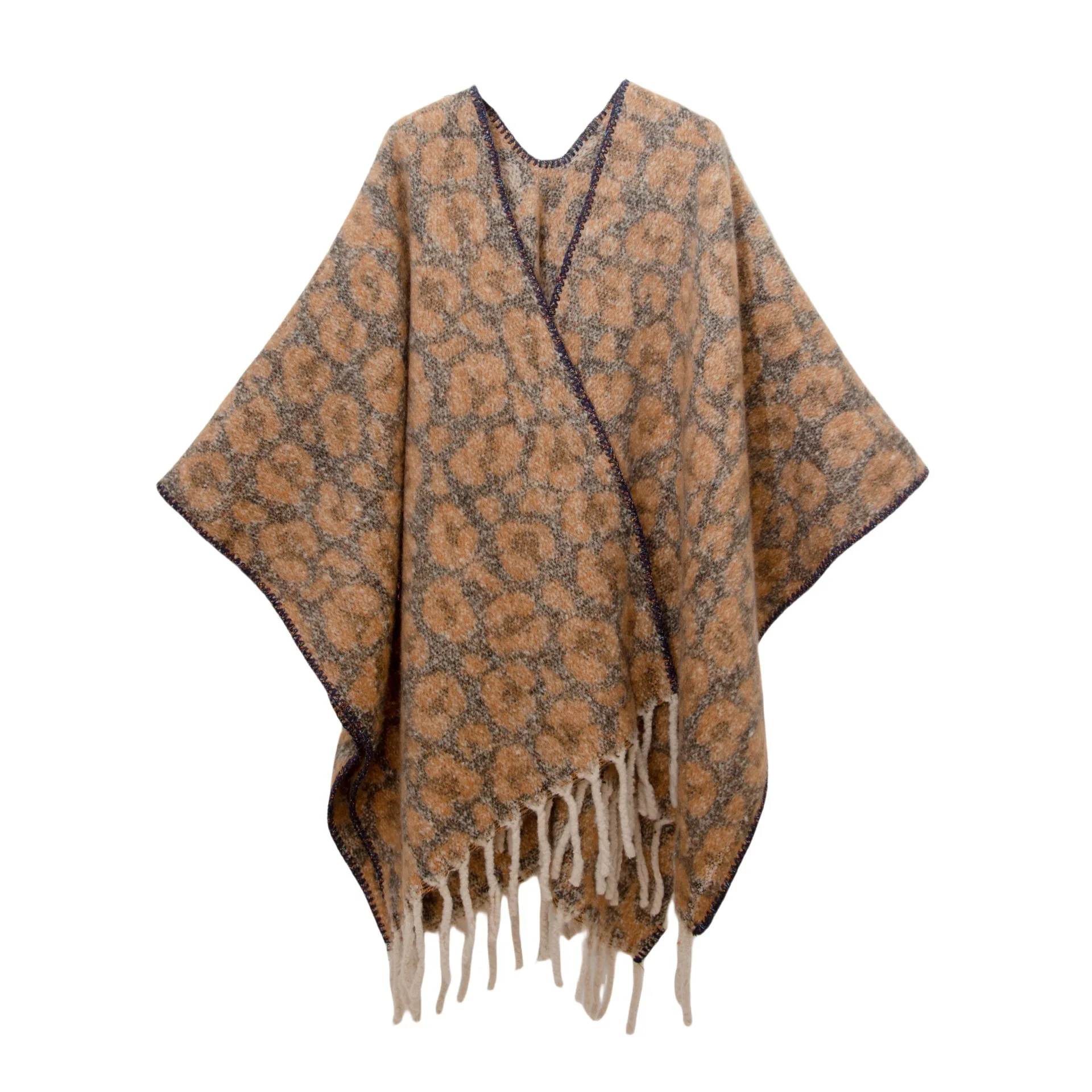 

New Loop Yarn Thickened Jacquard Leopard Fringed Cross Shawl Warm Polyester Fiber Spring Summer Fashion Accessories