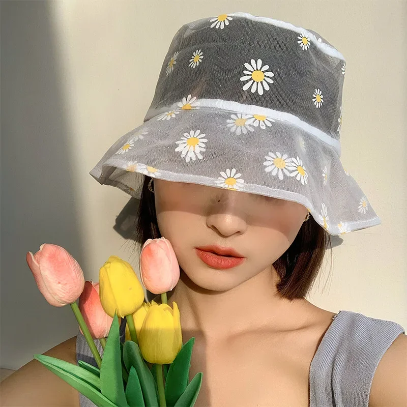 Summer Small Daisy Sun Cap Woman Korean Fashion Light Breathable Sunshade Hat Daisies Gauze Bucket Hats Accessory Creative Gifts