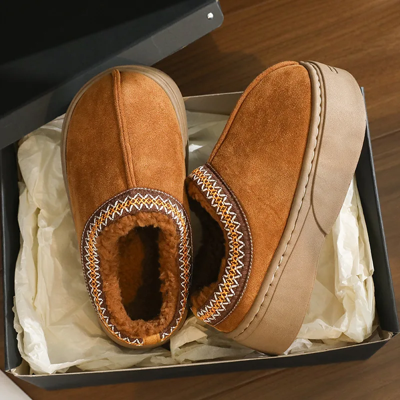 

Ethnic Style Indoor Cotton Slippers For Women Platform Shoes Keep Warm Soft Plush Thick Sole Ladies House Floor Fluffy Slides