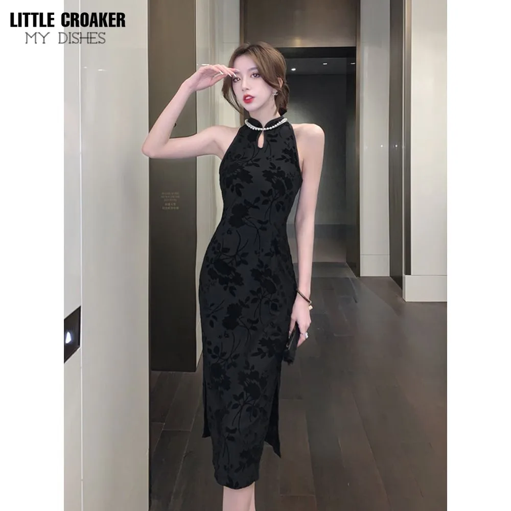 Hepburn Flocking Senior Cheongsam Elegant Summer Long Chinese Slim Sleeveless Little Black Dress Huge Thin Light Mature Dress