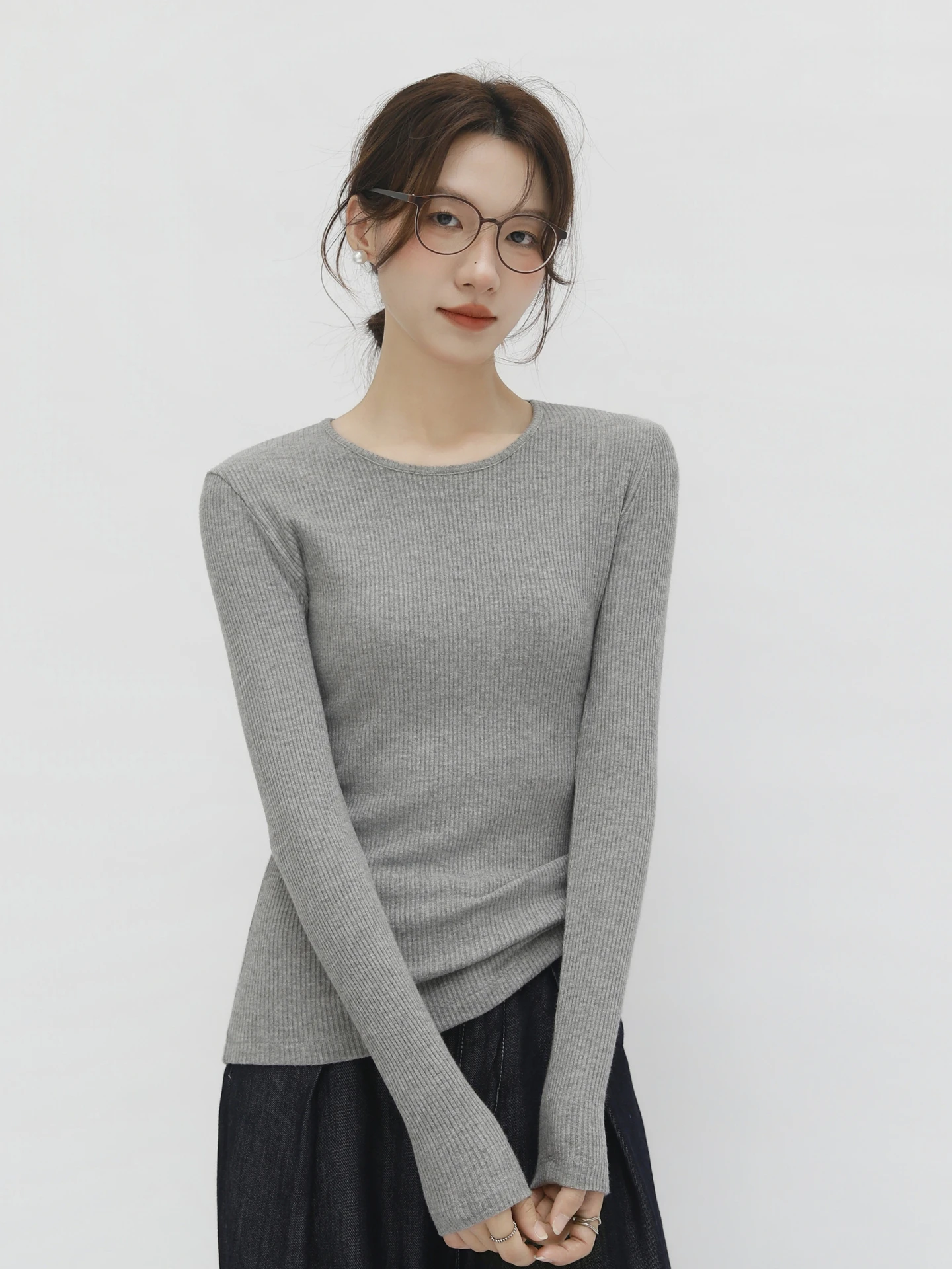 

Эластичный вязаный длинный топ-футболка женский, повседневный, облегающий, в полоску, в рубчик, с круглым вырезом, базовый, для любого случая