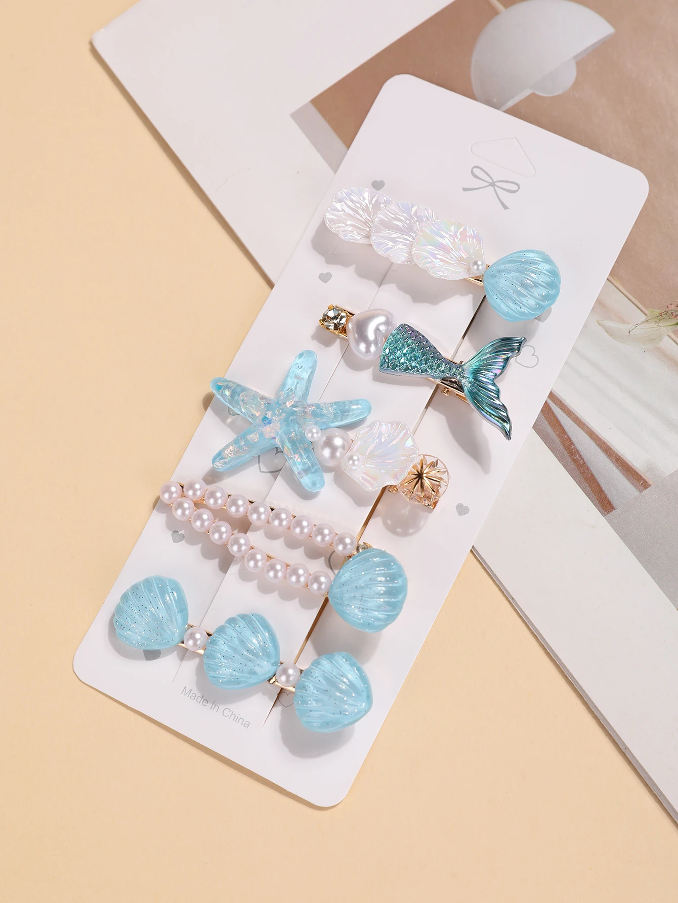 5-teiliges Set Blaue Haaraccessoires im Ozean-Stil - Meerjungfrauenschwanz, Muschel, Seestern und Perlen-Haarspangen - Niedliche Teenager-Seitenknoten-Accessoires – Detail 10