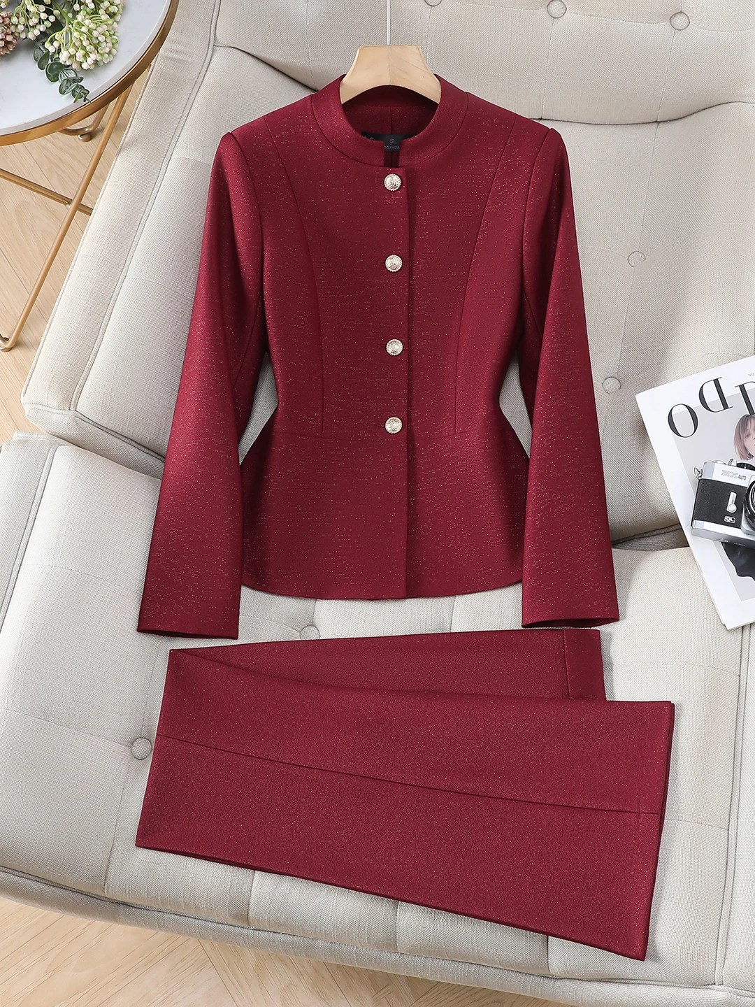 High-End Tailored Stand Collar Business Suit Set Women's Autumn Fashion OL Style Two-Piece Ensemble Slim Fit Polyester Fiber
