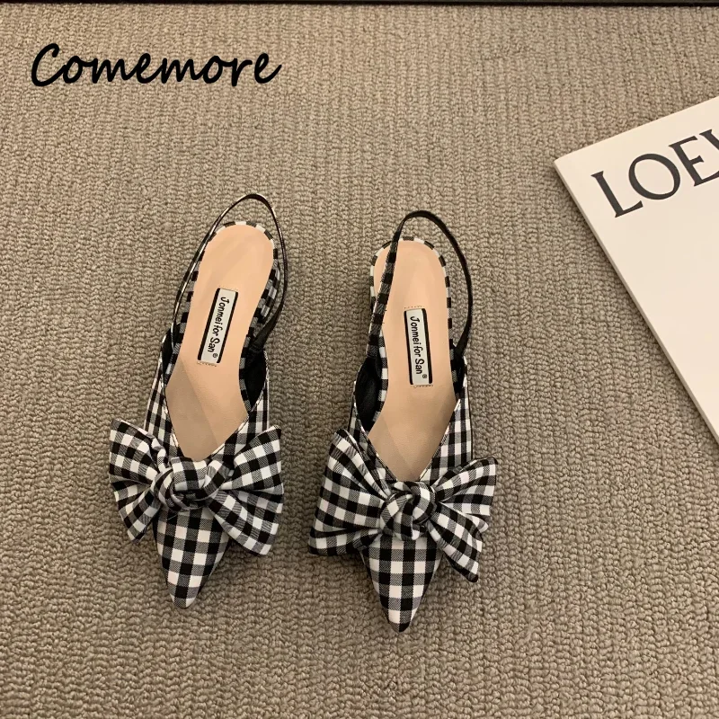 Comemore Women Elegant 2023 Summer Pointed Low Heel Women Fashion Sandal High Heels Sandalias De Mujer Bow Sandals Heeled Shoes