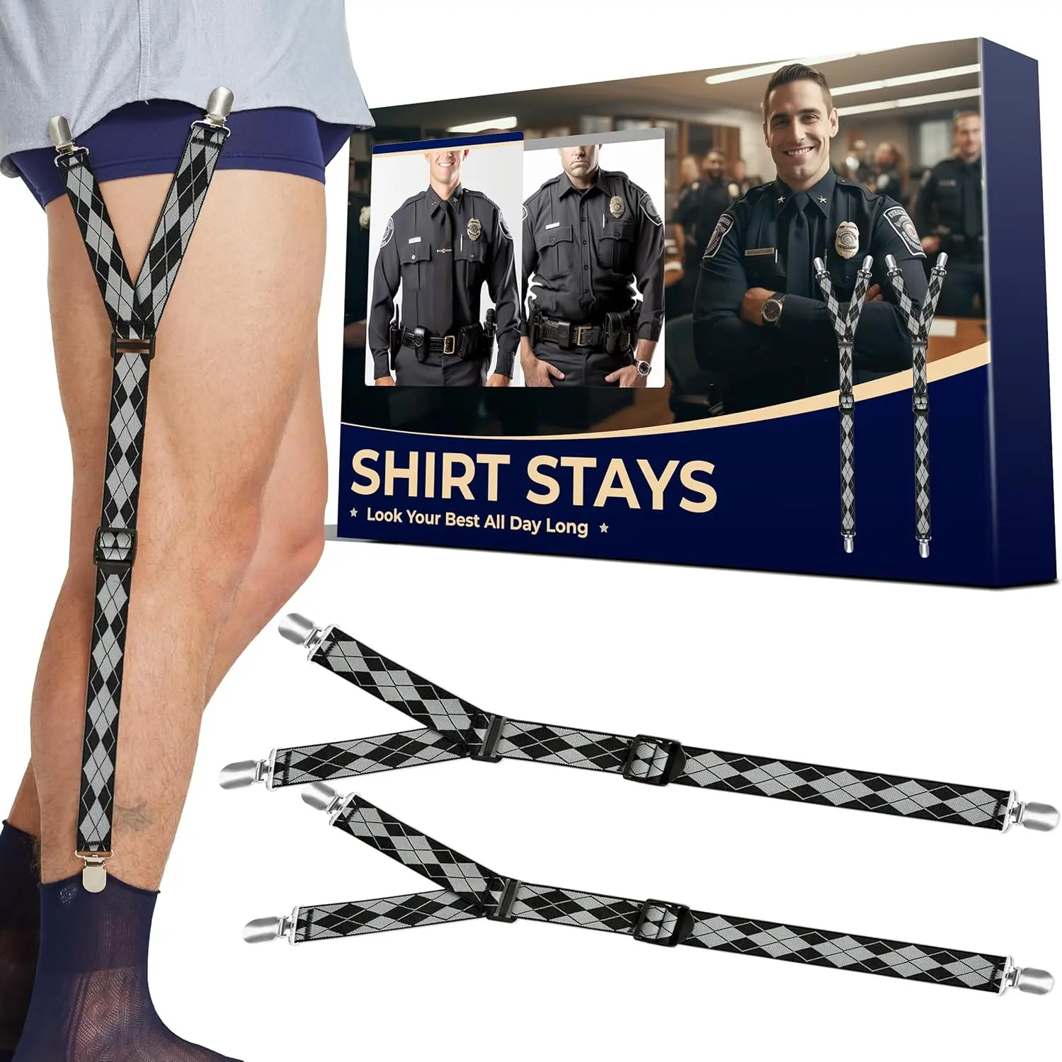 

Adjustable Shirt Stays - Soft, Elastic, Non-Slip Clips for Men's Sock Garters, Military & Professional Use