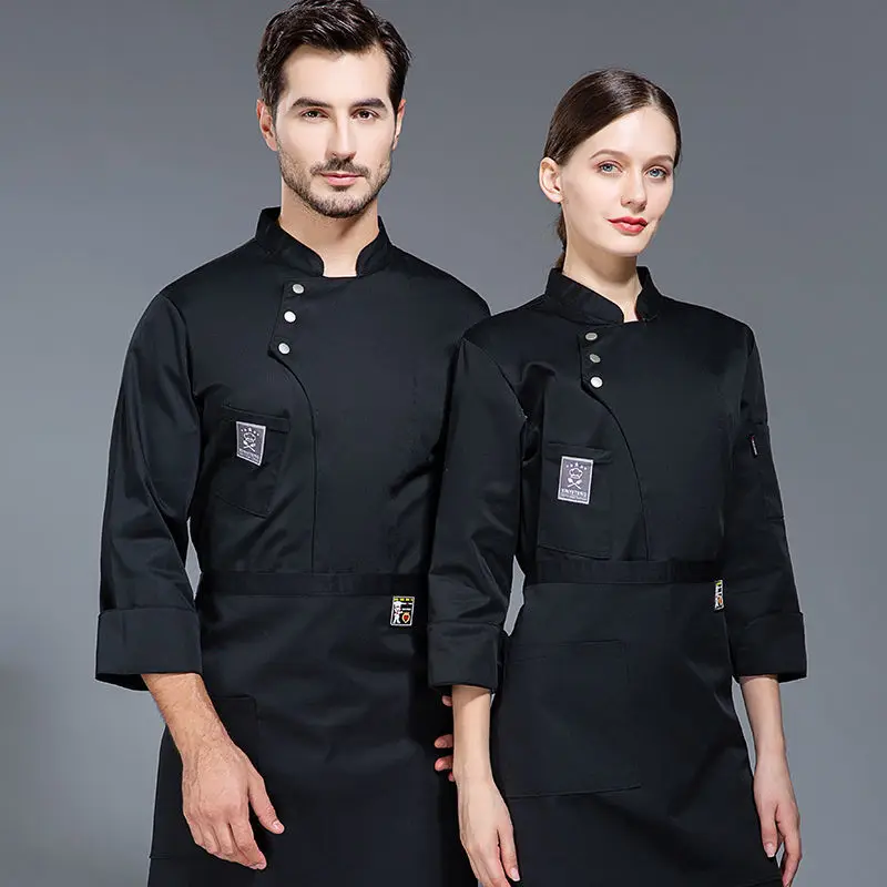 Jaket seragam koki hitam lengan panjang, kaus seragam koki restoran, kaus makanan layanan kue, memasak logo baru bernapas