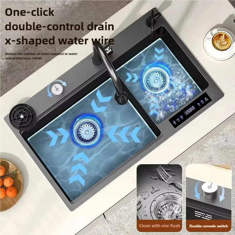 Stainless Steel Water Catalyst Sinks Multifunctional Kitchen Sink Smart Double Slot Cleaning Purification Sterilized Fruit