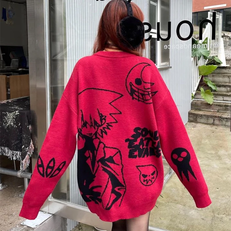 y2k Harajuku vintage cartoon anime knitted sweater men winter oversized men\'s rock hip hop rap pullover women jumper sweater top