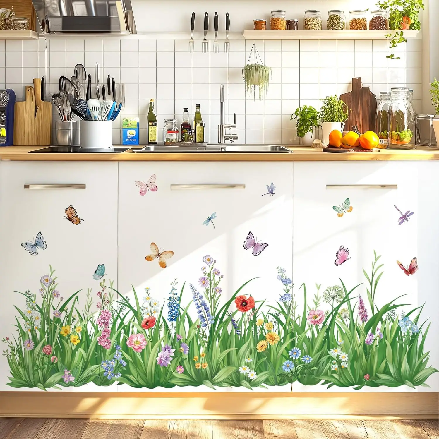 Pegatinas de pared de mariposa y flor de hierba verde, zócalo de flores silvestres, línea de rodapié, calcomanías de pared para dormitorio, sala de estar, decoración de cocina