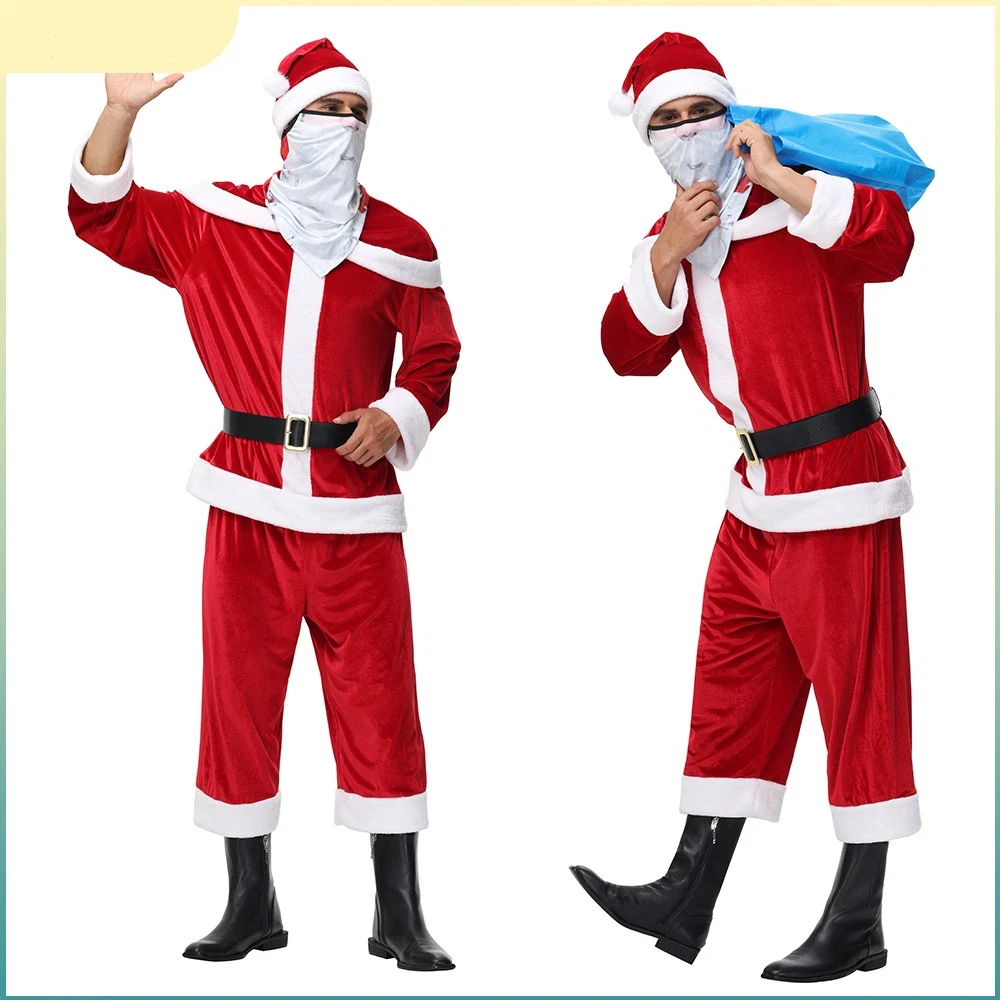 

Christmas Winter Plush Santa Claus Costume Men's Christmas New Year Party Red Christmas Hat Long Sleeve Christmas Costume Set