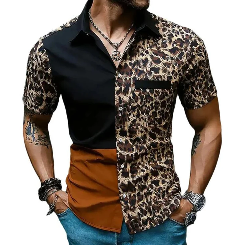

Summer Men's Leopard Printed Patchwork Short Sleeve Shirt Fashion Color Block Shirts Fashion Nightclub Party Streetwears Blouse