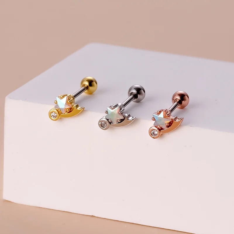 1Piece Titanium Steel Heart Cartilage Earrings for Women Trendy Gold Plate Colorul Zircon Stud Earrings Helix Piercing Jewelry