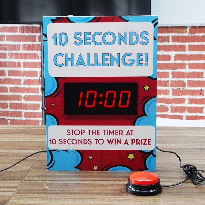 CP01 LED Reaction Game Push Button Timer Stopwatch Challenge Timer Red Button 10 Seconds Game Timer