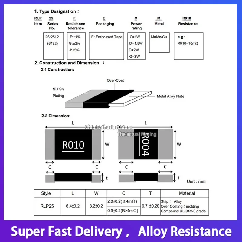 20PCS Alloy Resistor 2W R001 R002 R003 R004 R008 R009 R010 R012 R015 2512 1% R020 R025 R060 R070 R100 R120 R150 R300 R500 SMD