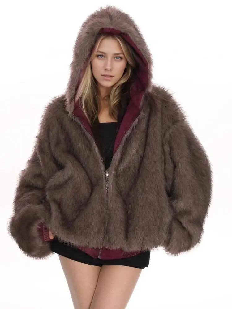 

Reversible Faux Fur Lined Hooded Coat Women Casual Plush Full Sleeve Zipper Pocket Loose Short Jacket Lady Winter Commute Coats