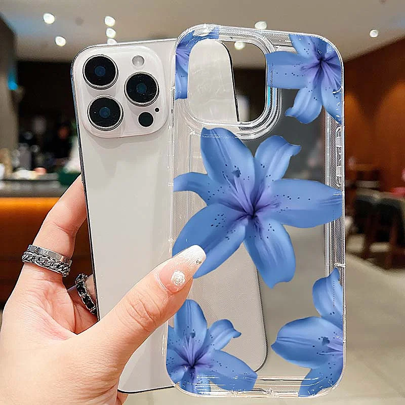 Elegant Blue Lily Pattern TPU Phone Case For iPhone 16 14 17 Pro
