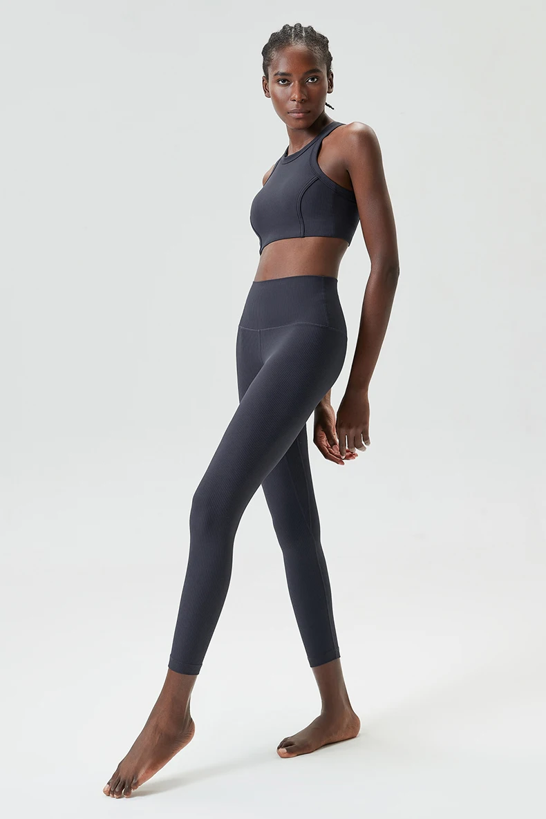 High Impact Gym Anzug Frauen Gerippter Stoff Zwei Stücke Fitness Yoga Set Slim Fit Dehnbare Laufsport Workout Kleidung – Detail 18