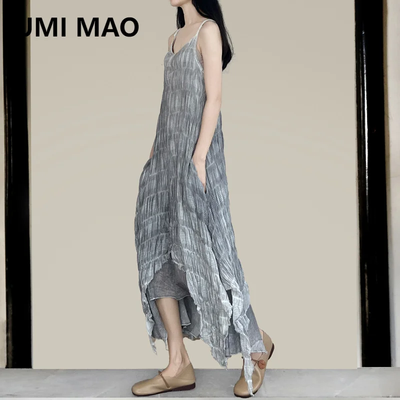 UMI MAO Chinese Style Dress Femme Plant Dyed Minimalist Niche Irregular Patchwork Hem Retro Slimming Suspender Dresses