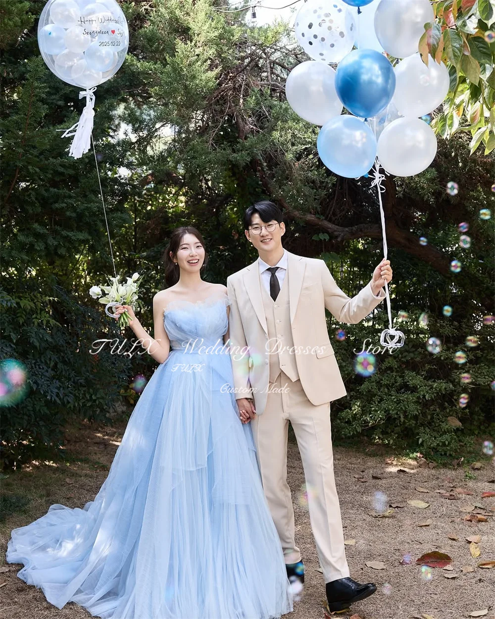 TULX Prinzessin Blaues Tüll-Abendkleid, A-Linie, trägerlos, mit Falten, Korea, Hochzeit, Fotoshooting, bodenlanges Korsett, individuell gestaltet