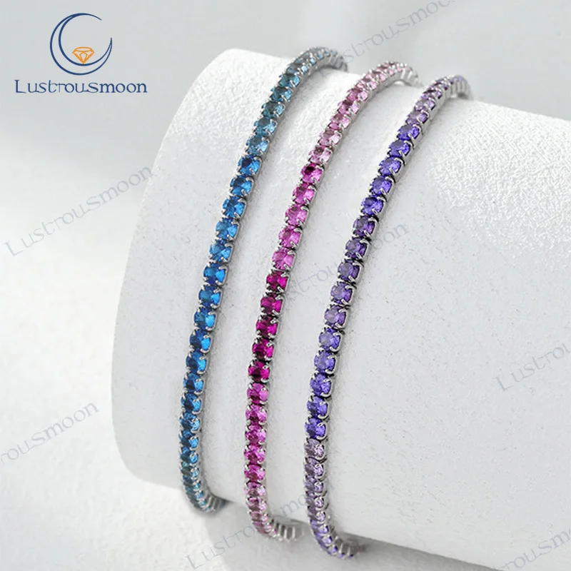 

Tennis Chain Round Cut S925 Silver Plated CZ Gems Bracelets Purple/ Pink/ Blue Color Stone Gift for Anniversary Female Jewelry