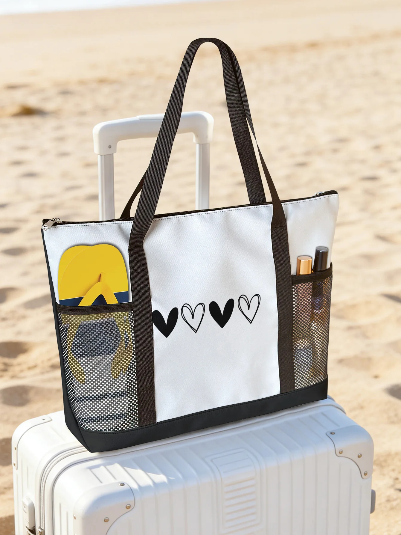 

Black Line Heart Print Beach Tote Bag Mesh Side Pocket Zipper Waterproof Travel Shoulder Bag