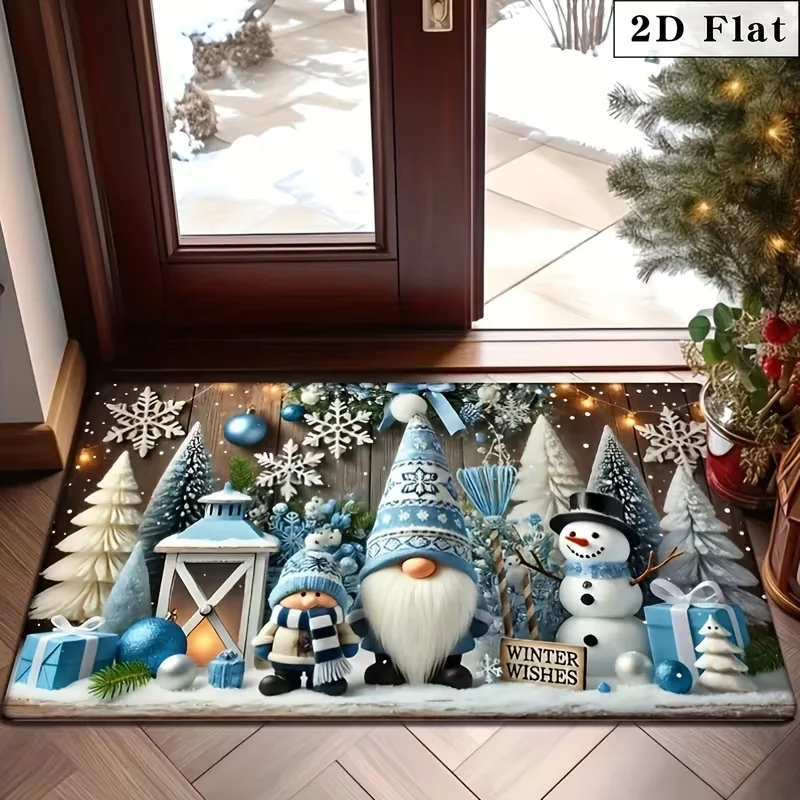 1pc 2D Christmas Blue Gnome Santa Claus Xmas Holiday Decorative Doormat, Perfect for Christmas Tree and Door Decorations Rugs