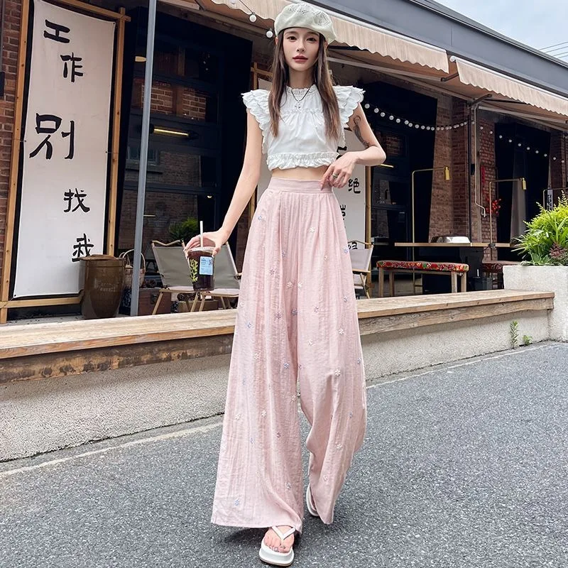 

High Waist Floral Embroidery Linen Wide Leg Pants Women Loose Casual Culottes Summer