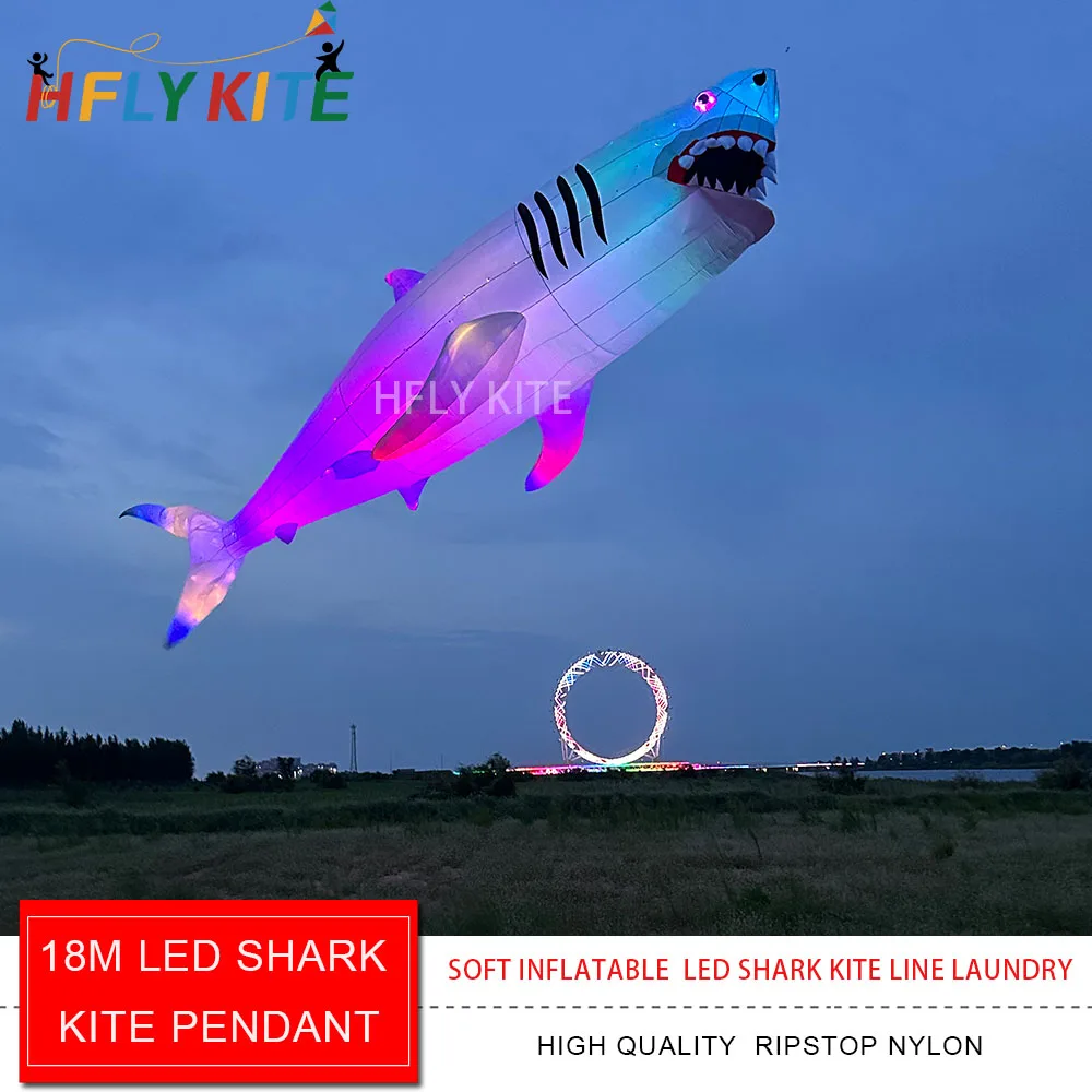 HFLY Nieuwe Aanwinst Zachte Opblaasbare Reuze 18m LED Haai Vlieger Lijn Wasgoed voor Volwassenen Hoge Kwaliteit Nylon Nachtshow Vliegers Hangertje