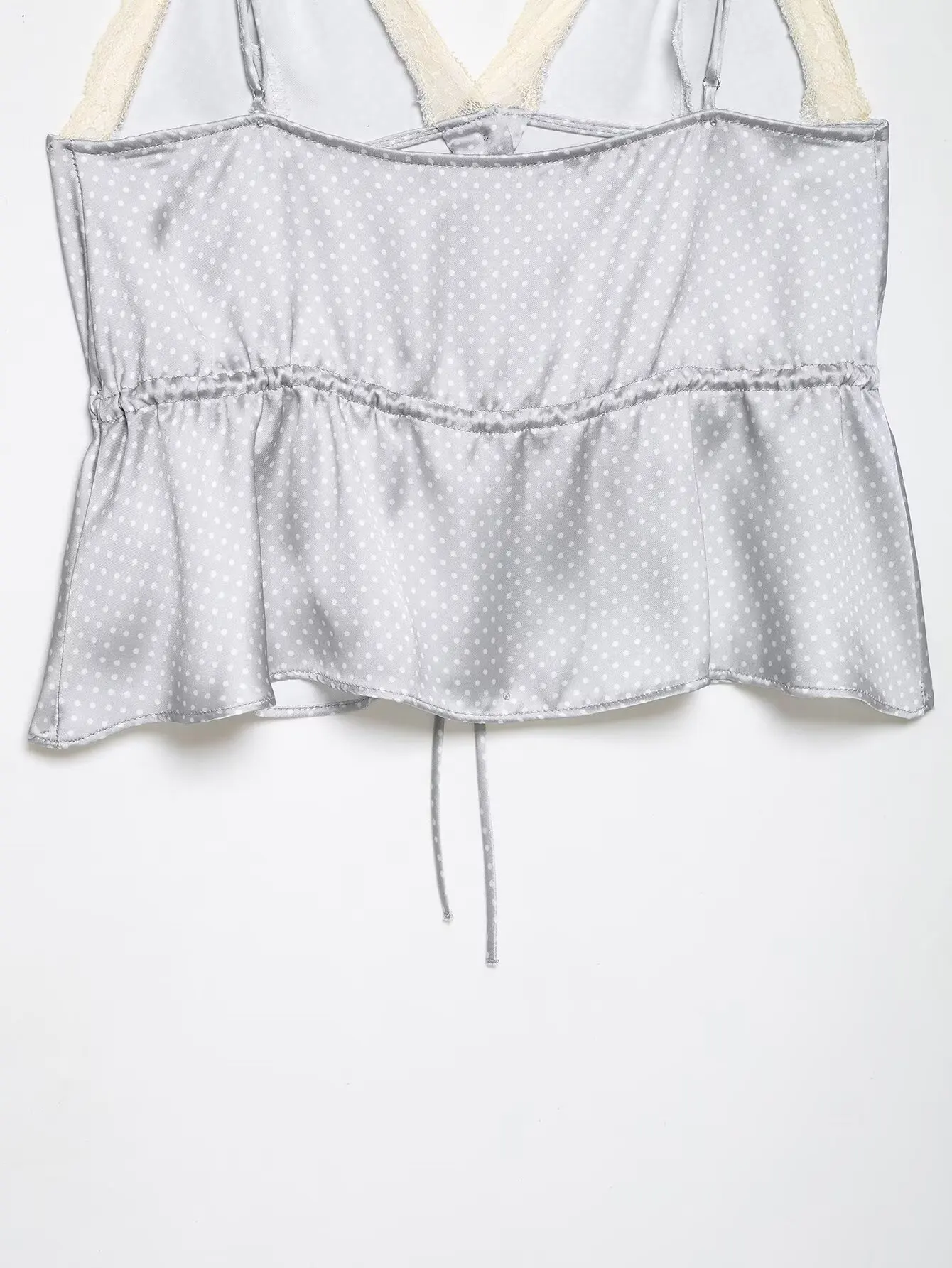 HH Polka Dot Satin Cami Top für Damen 2026 Sommer Spitzenbesatz Spaghettiträger Peplum Top Elegant Alltag Urlaub Strand Loungewear – Detail 13