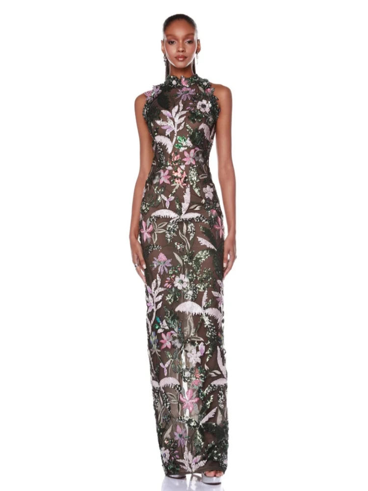 

New Sexy O Neck Embroidered Mesh Sequin Long Dress Women Sleeveless Floral Sequins Slim Dresses Evening Party Runway Gowns