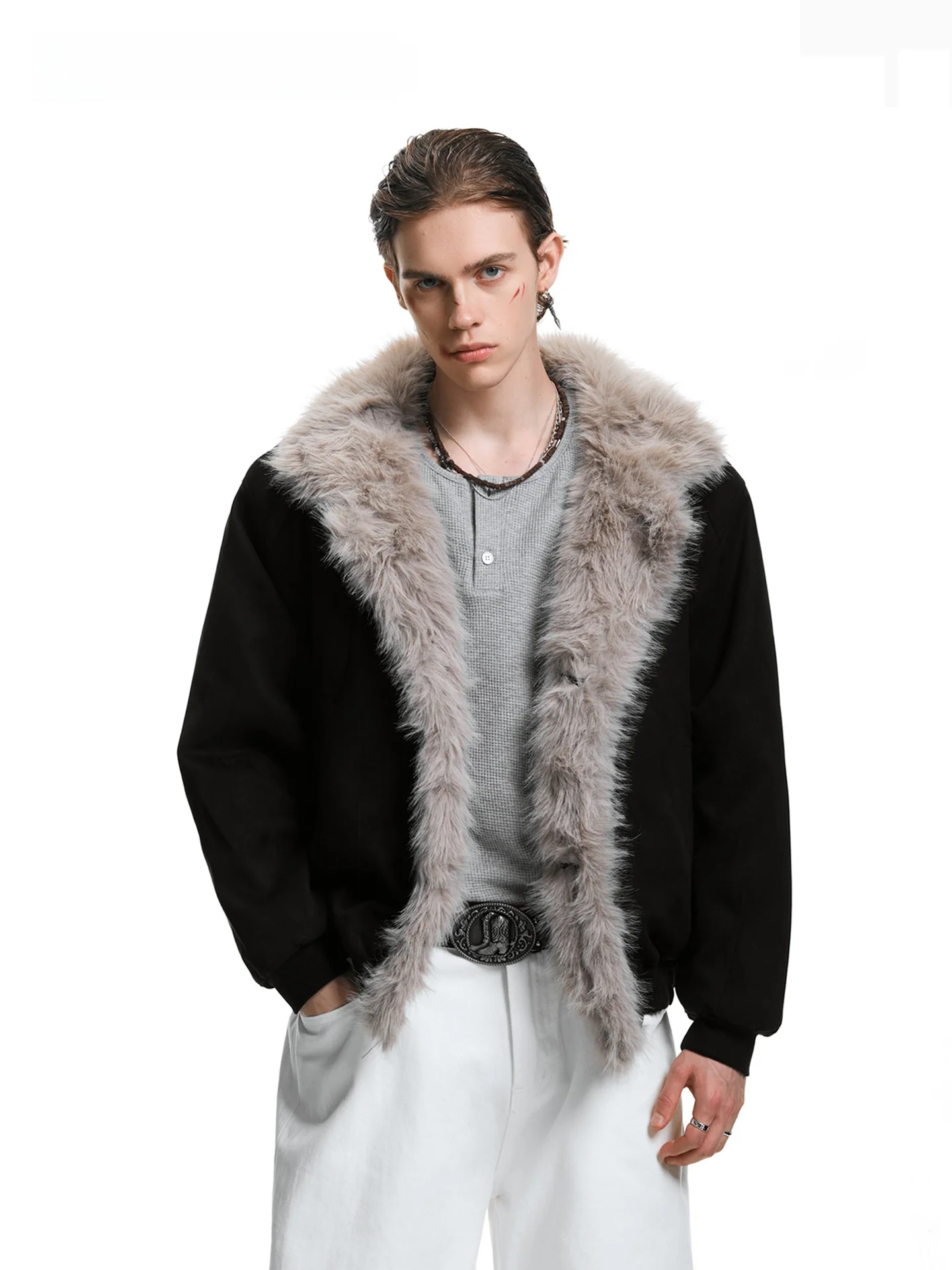 

SDMADE American Retro Loose Men's Suede Jaet Cotton Coat Winter Warm Thiened Polyester Fiber Flip Collar Button Closure