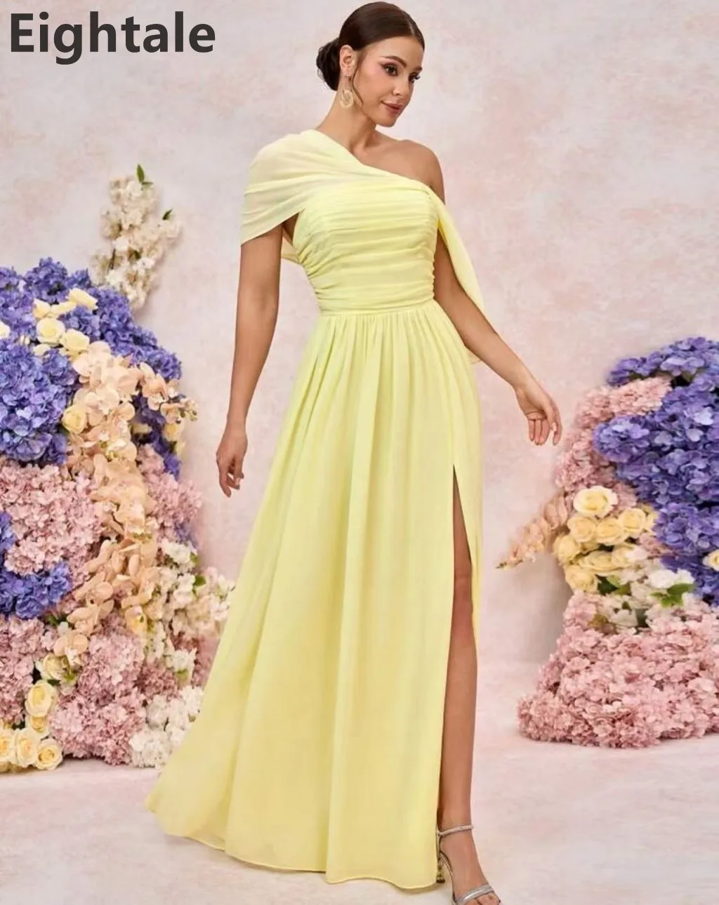 Eightale 2025 amarelo chiffon fora do ombro uma linha maxi vestido de noite árabe saudita fenda vestido de festa de baile vestidos formais personalizados
